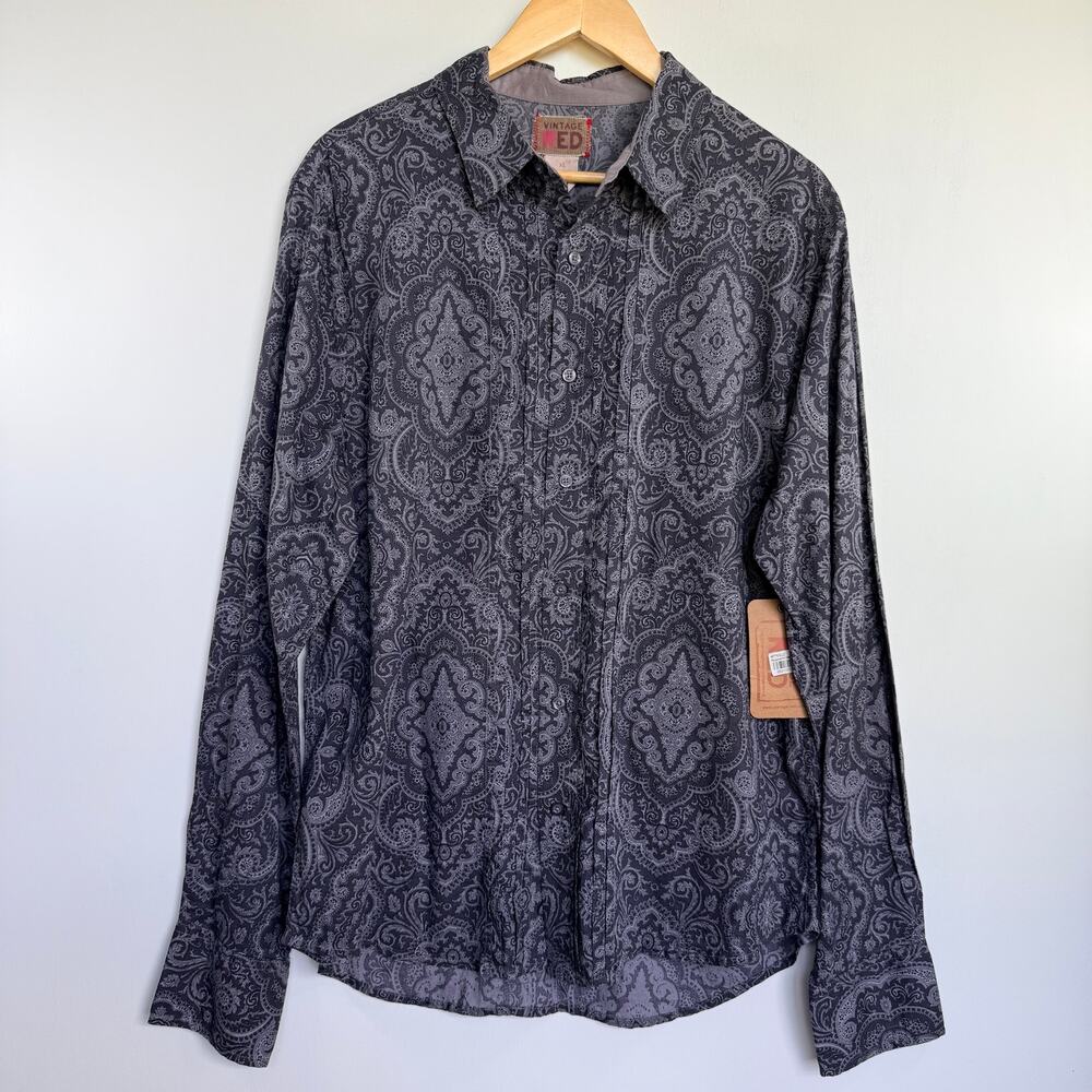 Vintage RED Mens XL Black Gray Paisley Cotton Long Sleeve Button Up Shirt NWT